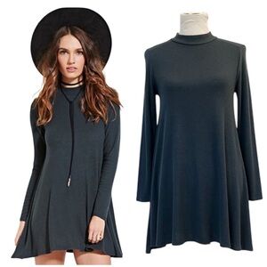 F21 - Brushed Knit Mock Neck Swing Trapeze Mini Dress | Hunter Green, Small